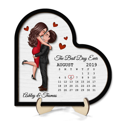 Doll Couple Hugging Kissing Calendar Anniversary Date Gift For Couple Gift For Him Gift For Her Personalized Heart Shaped 2 Layer Wooden Plaque