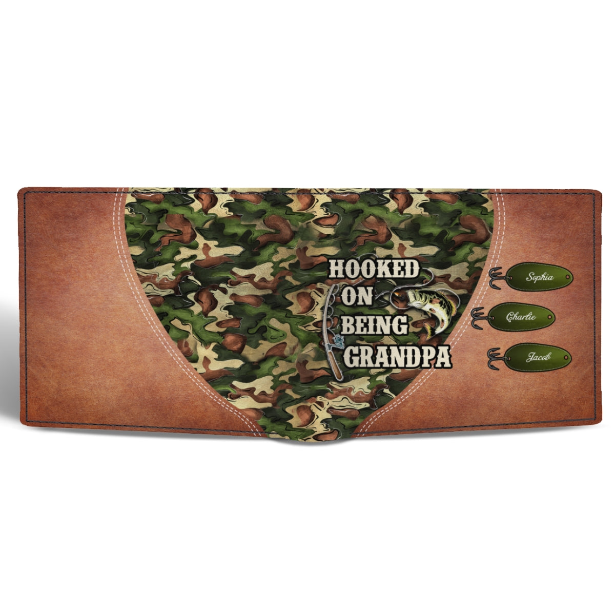 Hooked On Being Fishing Grandpa Camouflage Personalized Men’s Wallet