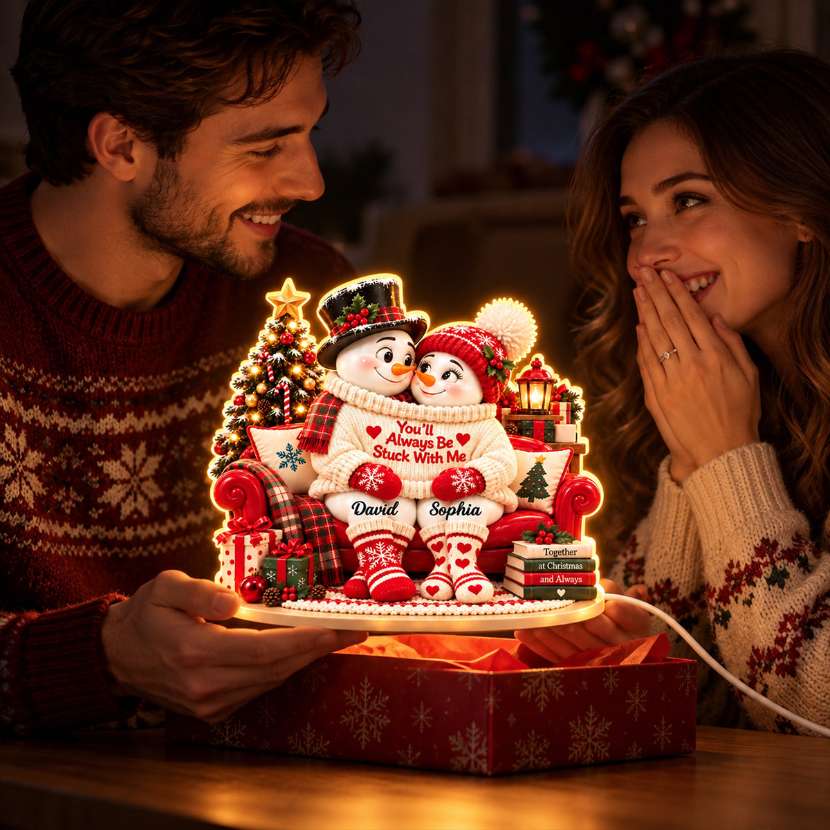 You'll Always be Stuck with Me Snowman Couple - Personalized Light Box - Heartfelt Christmas Gift for Her, for Him
