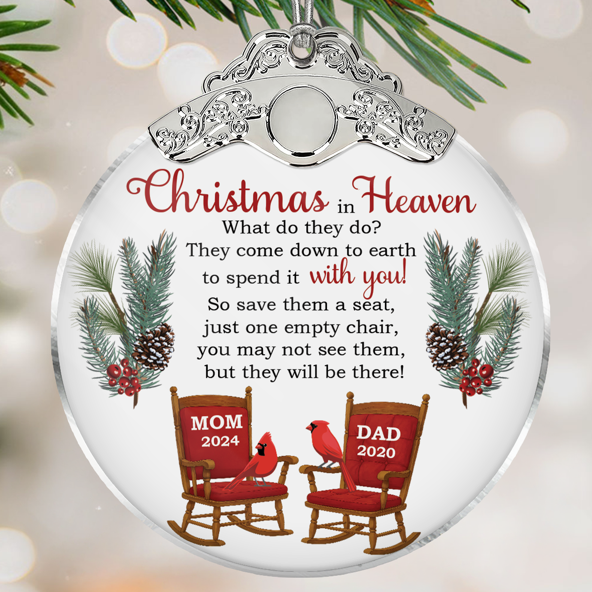 Christmas In Heaven Save A Seat - Personalized Glass Ornament With Silver Cap - Christmas Memorial Keepsake For Family