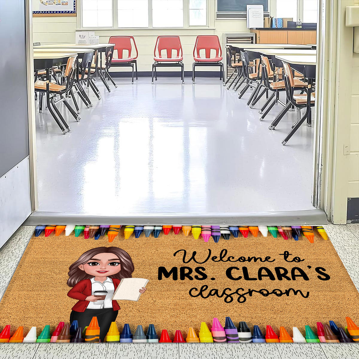 Teacher Classroom Crayon Border - Personalized Doormat - Back To School Gift, Classroom Decoration