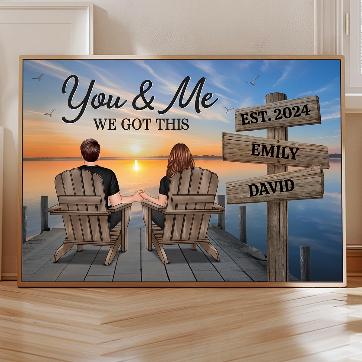 Lake Dock Couple Sitting Holding Hands Sign Posts Personalized Poster, Home Decoration, Gift For Her, For Him