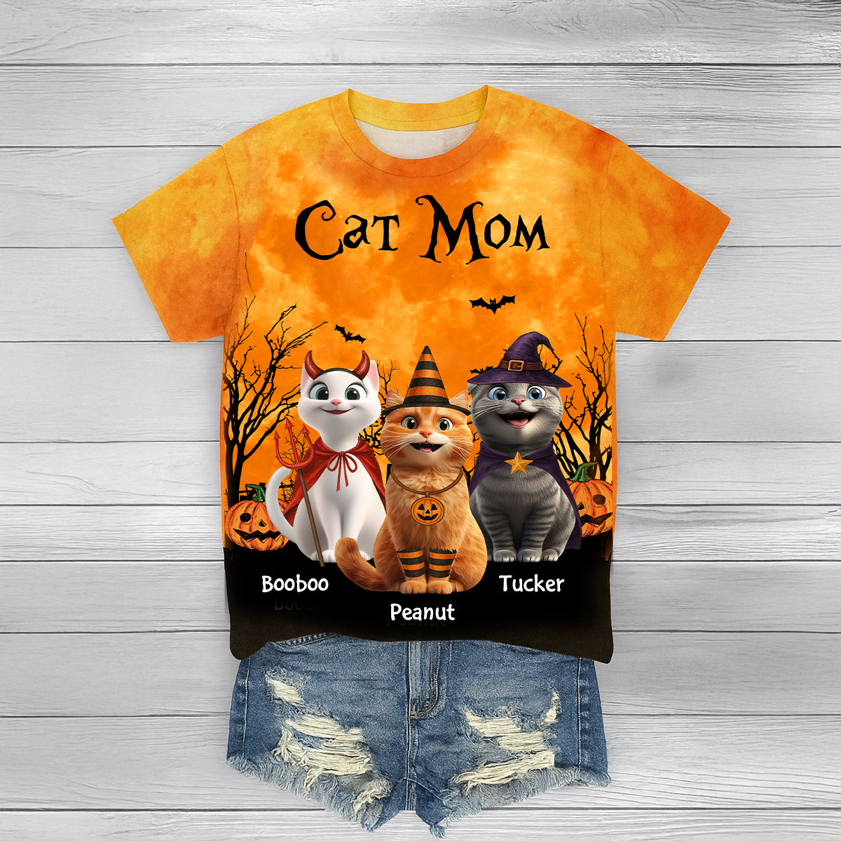 Cat Mom Halloween Moon Light Bat Tree Cartoon Cat Personalized Shirt, Purrfect Costume for Cat Lover