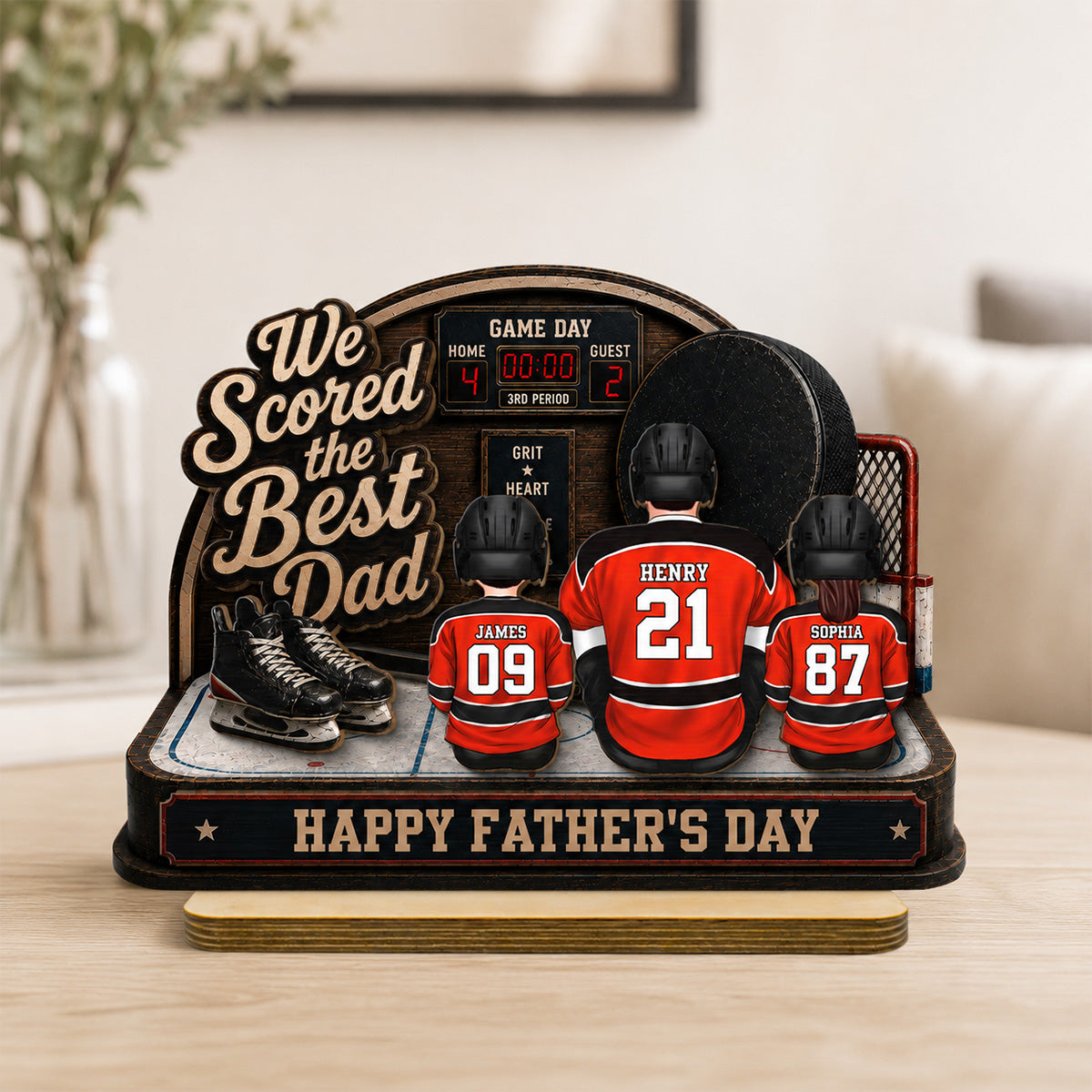Hockey Dad & Kids Sitting On Court 2D Flat - Personalized 2-Layered Wooden Plaque - Father's Day Gift For Hockey Dad