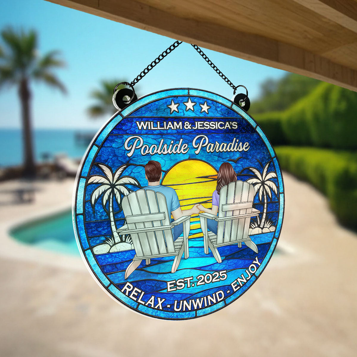 Poolside Paradise Couple Sitting Personalized Suncatcher, Summer Decor