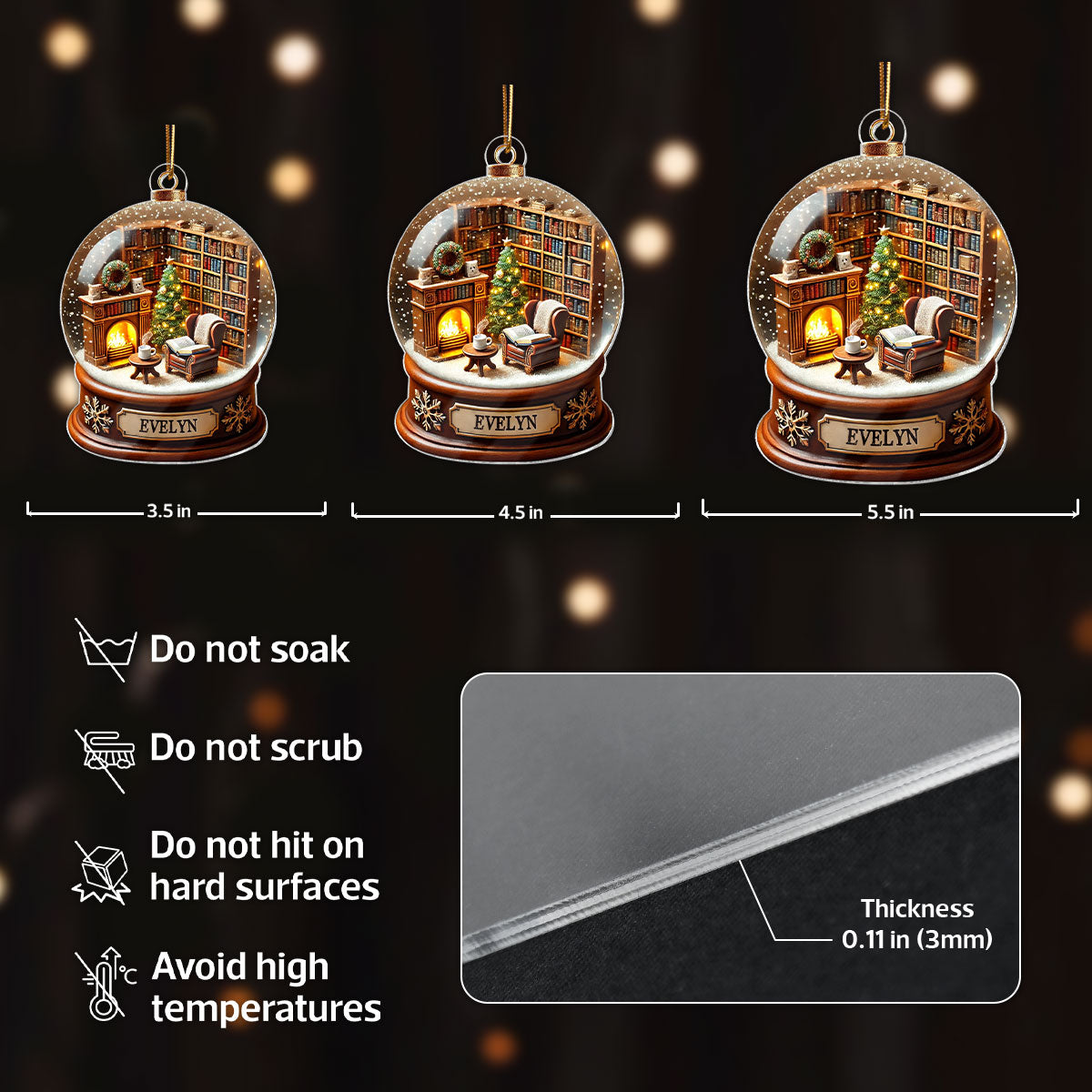 Book Lover Room 3D Effect Snow Globe Christmas Book Club Gift Book Reader Personalized Acrylic Flat Ornament