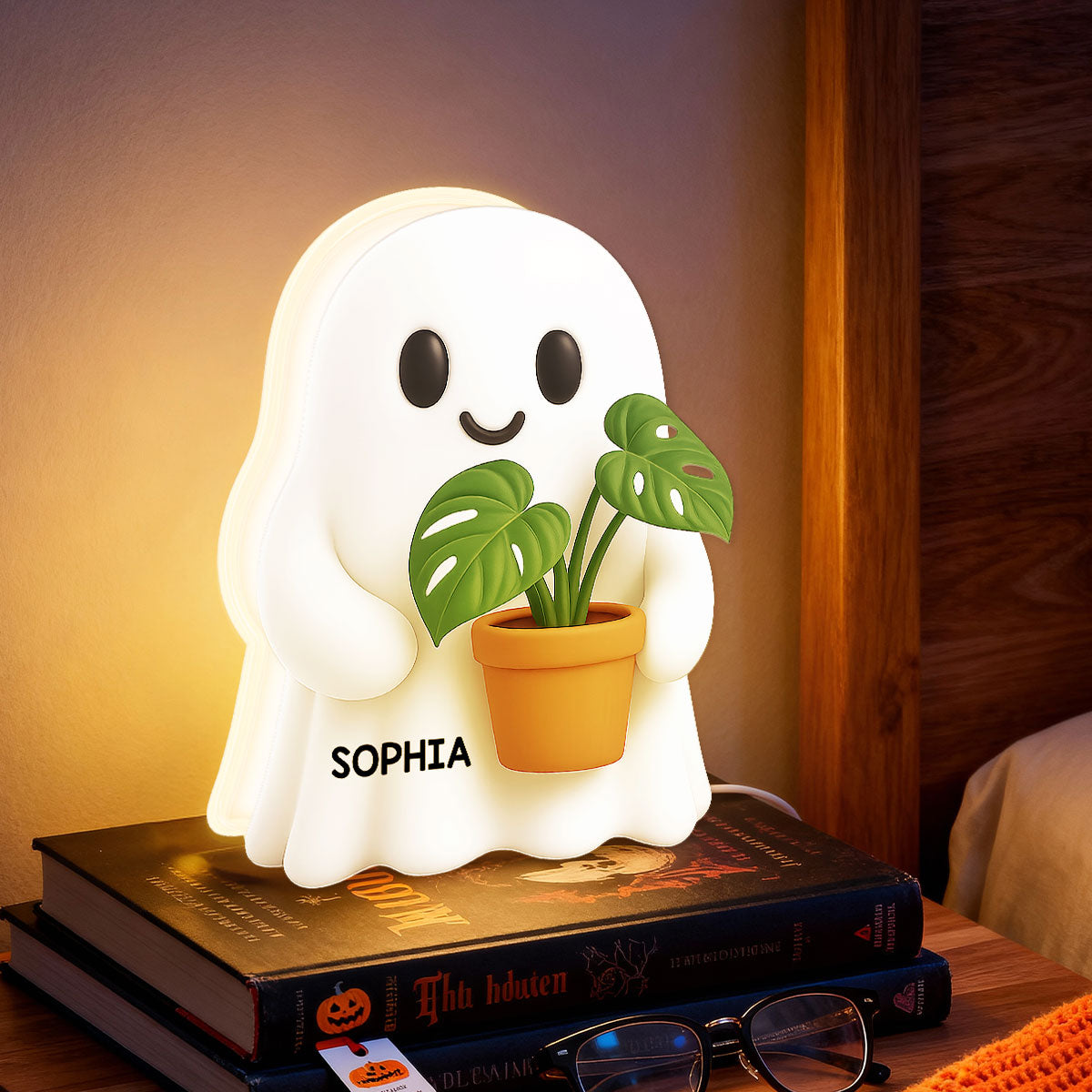 Halloween Boo Ghost Holding Plant - Personalized Light Box - Gift For Plant Lovers, Gardeners