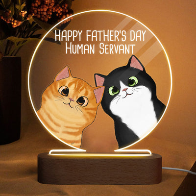 Happy Father‘s Day Human Servant Peeking Fluffy Cats Personalized Circle Acrylic Plaque LED Night Light