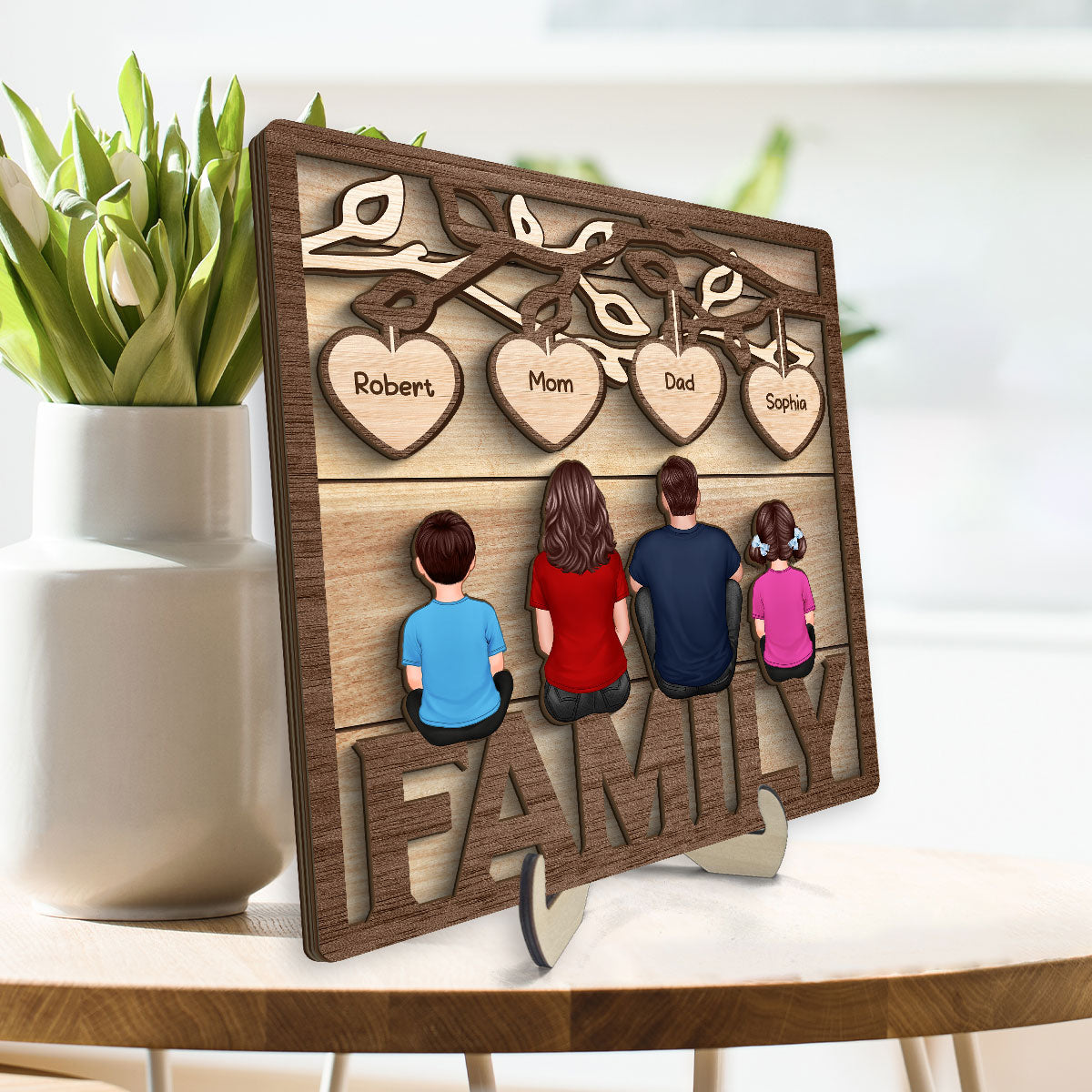 Family Dad Mom Kids Dogs Cats Sitting On Word Under Tree Personalized 2-Layer Wooden Plaque