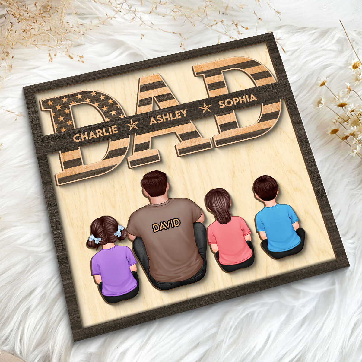 Dad We Love You Flag Man & Kids Sitting Back View Personalized 2-Layer Wooden Plaque