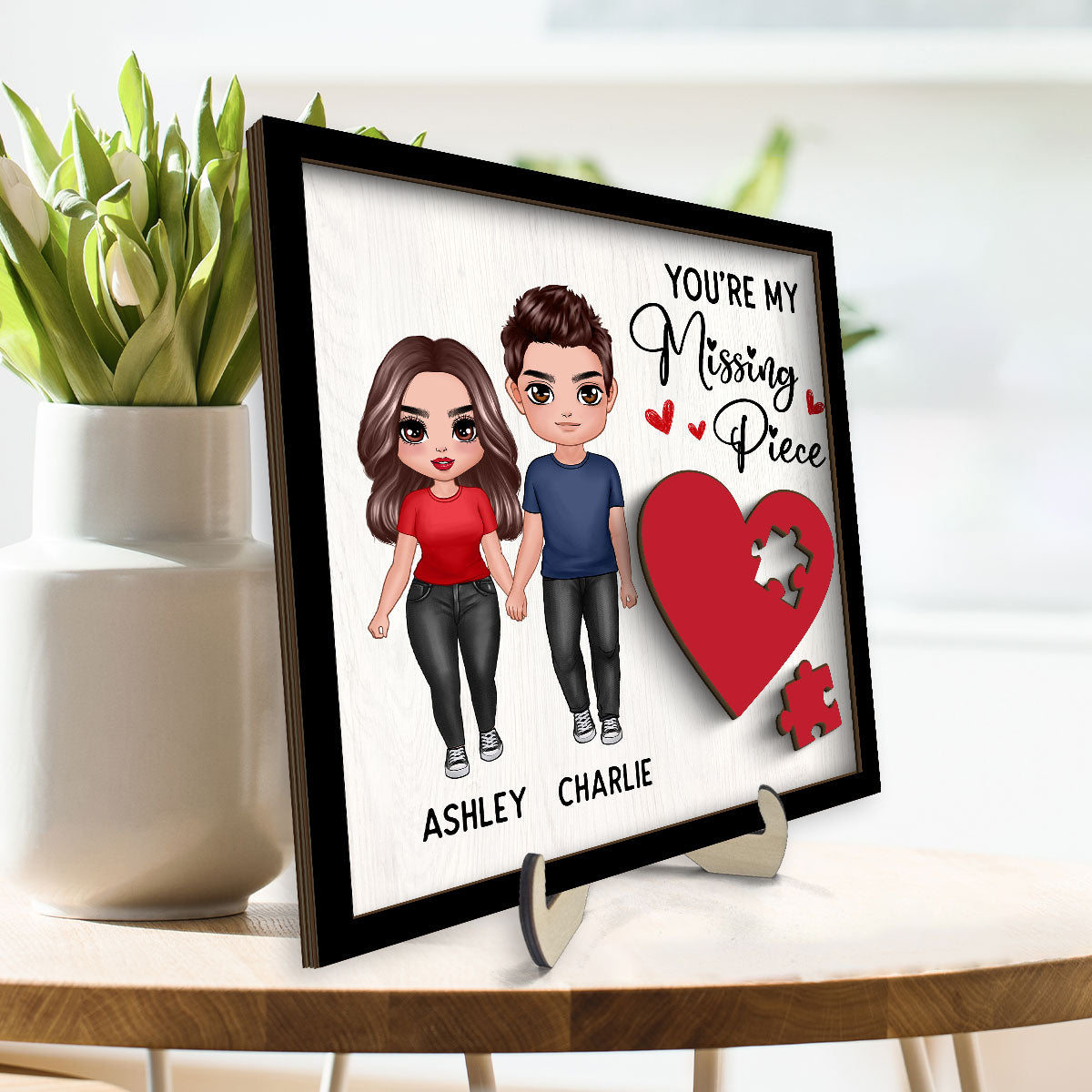 Standing Doll Couple Missing Piece Red Heart Valentine‘s Day Gift For Her Gift For Him Personalized 2-Layer Wooden Plaque
