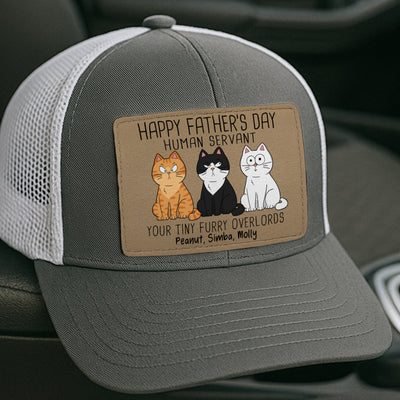 Happy Father‘s Day Human Servant Funny Cute Cats Personalized Leather Patch Hat, Gift For Cat Dad