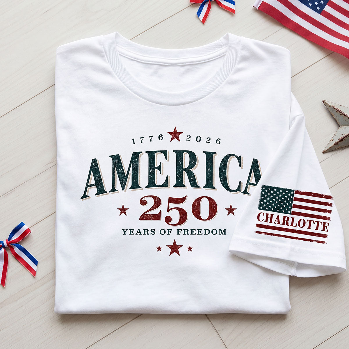 Retro America 250th Anniversary 250 Years Of Freedom - Personalized Sleeve Printed Shirt - Family Matching Shirt, Patriotic Crew Shirt