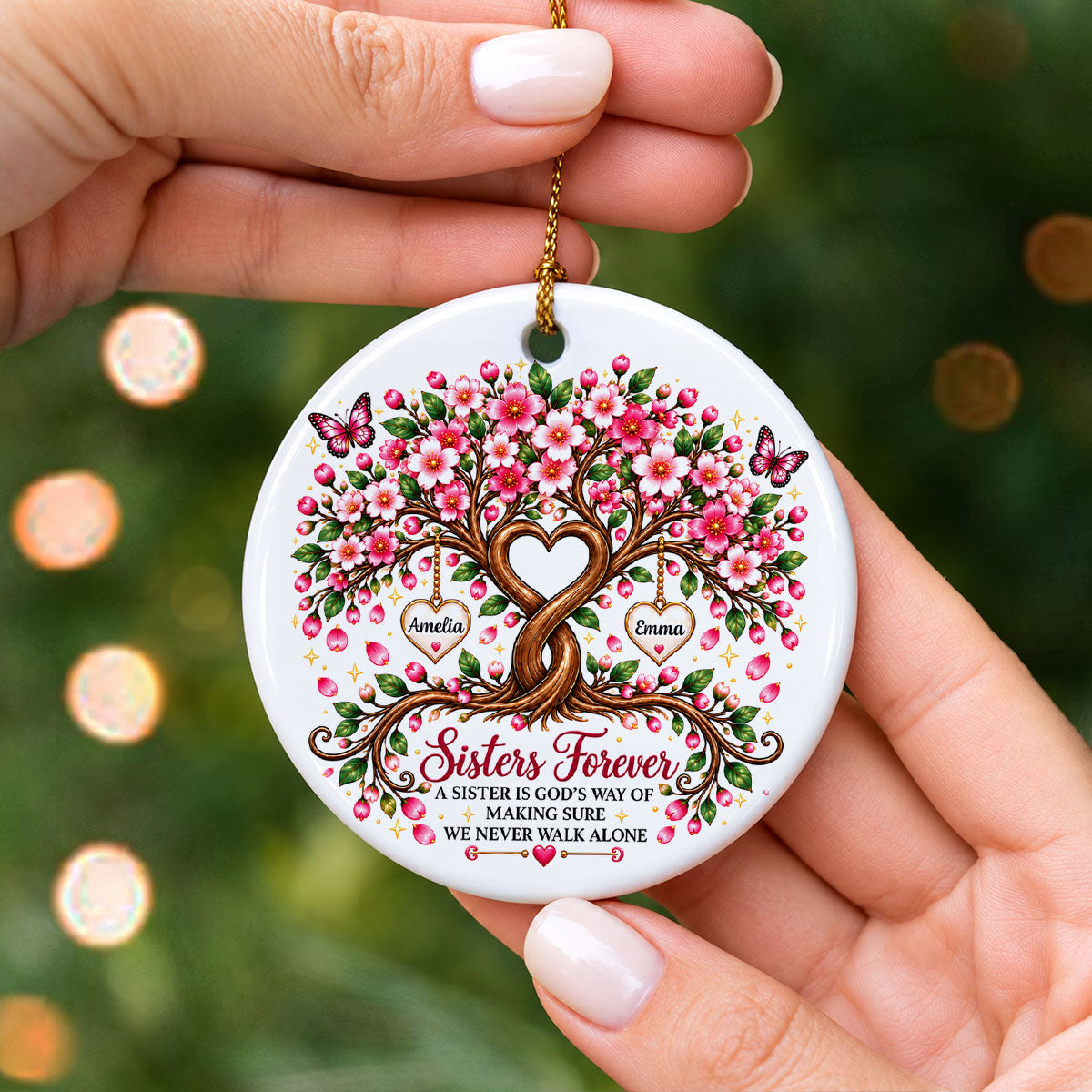 Sisters Forever Heart Tree - Personalized Ceramic Ornament - Christmas Gift for Sisters, Siblings