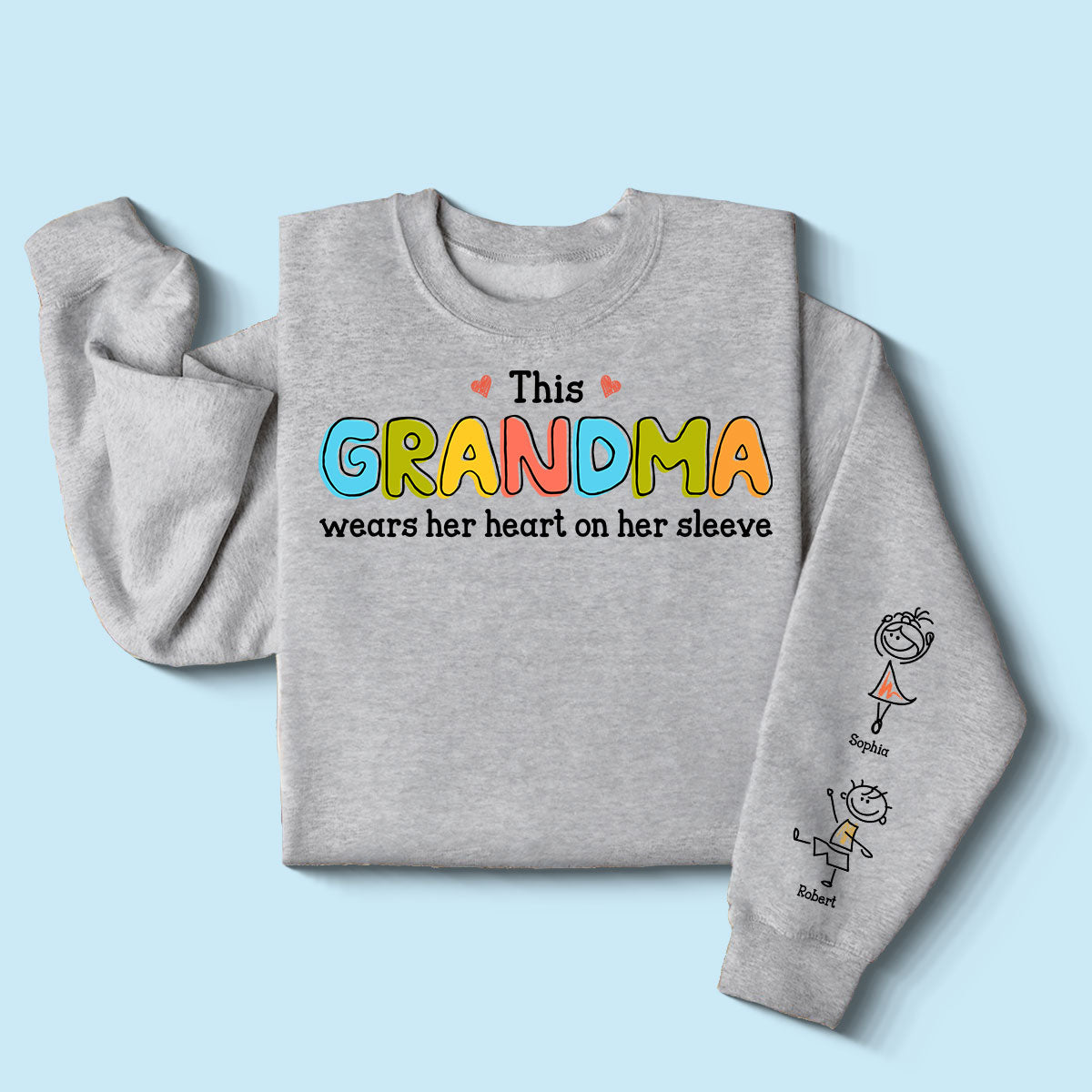 This Grandma Wears Her Heart On Her Sleeve Personalized Sleeve Printed Sweatshirt, Gift For Grandma