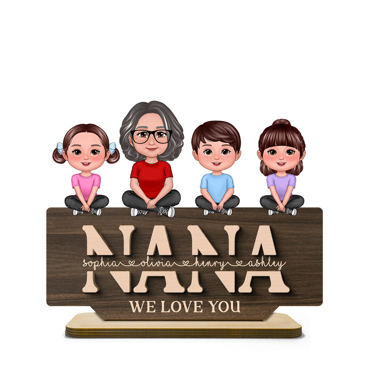 Mom Grandma We Love You Mother & Children Sitting On Word Personalized 2-Layer Standing Wooden Plaque