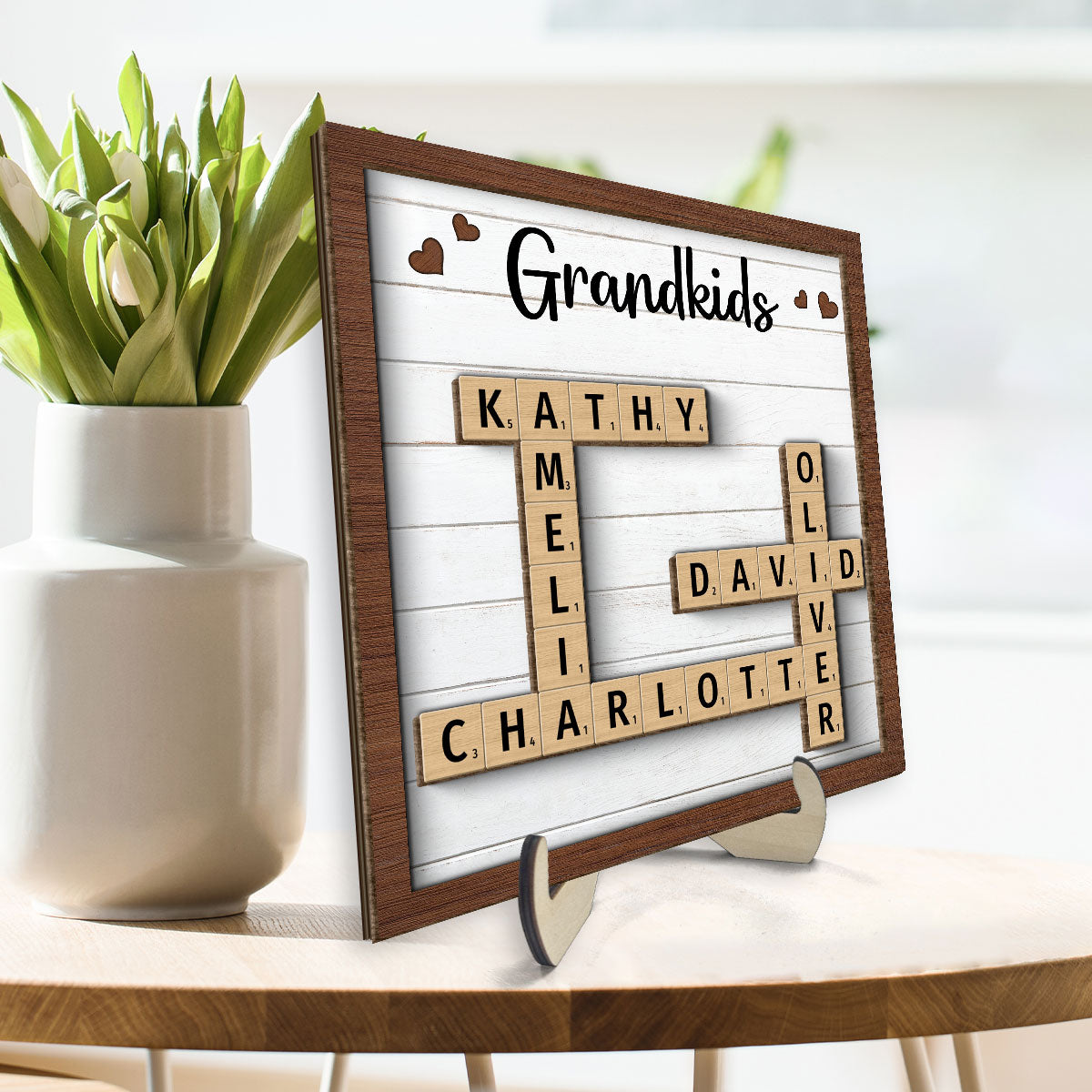 Grandkids Crossword Puzzle Art - Personalized 2-Layered Wooden Plaque - Gift for Mom, Gift for Grandma, Gift for Wife