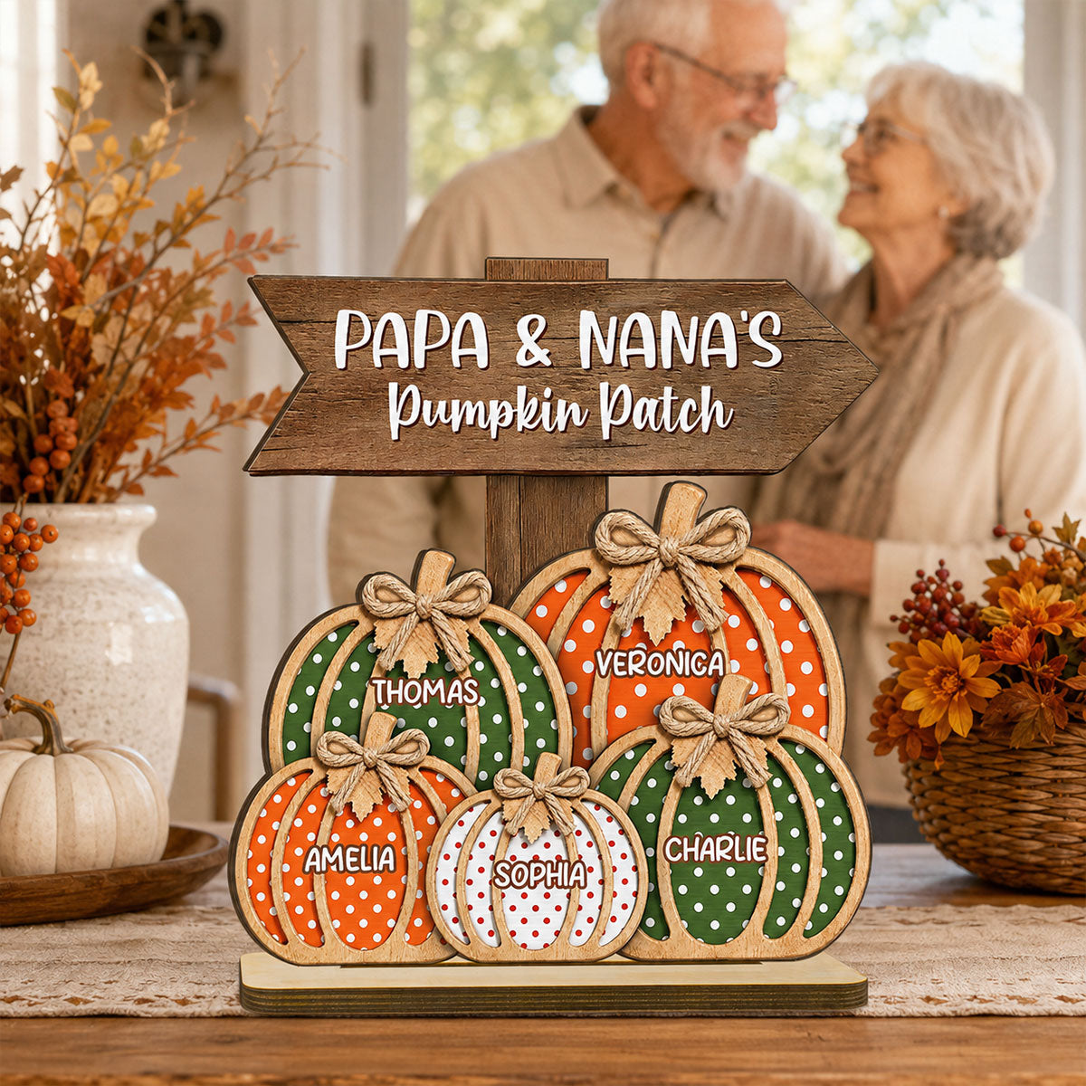 Fall Season Polka Dot Grandma's Pumpkin Patch - Personalized 2-Layered Wooden Plaque - Fall Decor For Grandma, Grandparents