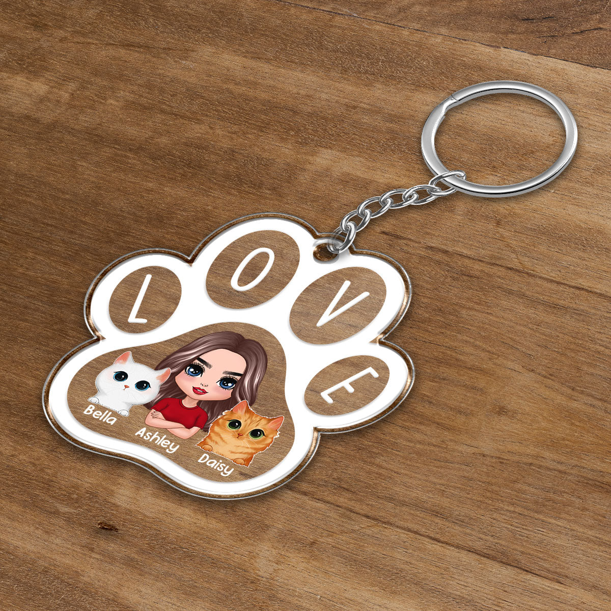 Doll Woman Man Peeking Watercolor Cute Cats Paw Shape Personalized Acrylic Keychain