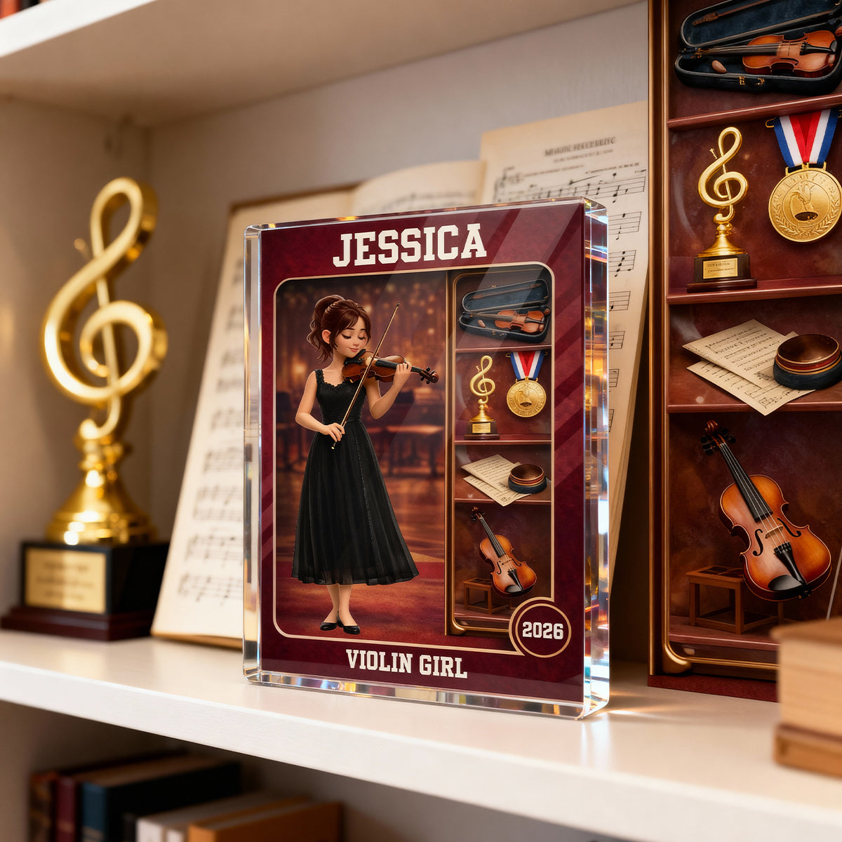 Violin Girl Action Figure - Personalized Acrylic Block Plaque - Gift For Violinist