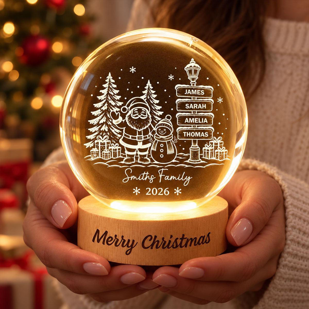 Family Name Sign Post - Personalized Crystal Ball LED Night Light - Christmas Decor for Family