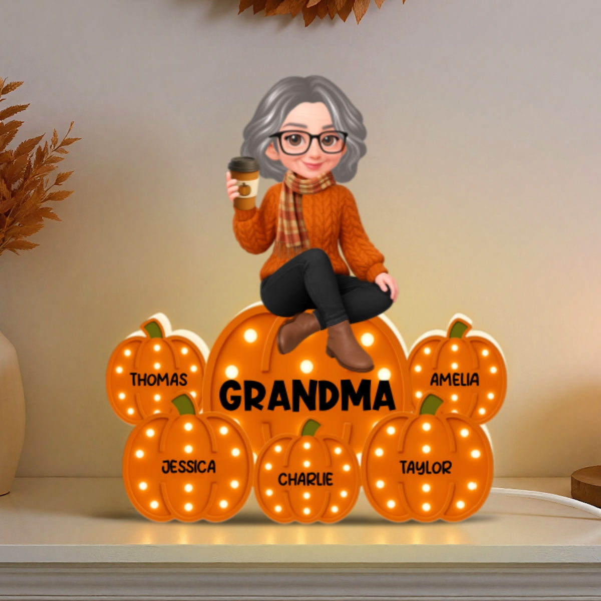 Fall Season Grandma Marquee Pattern Texture Pumpkins Kids Names Personalized LED Light Box