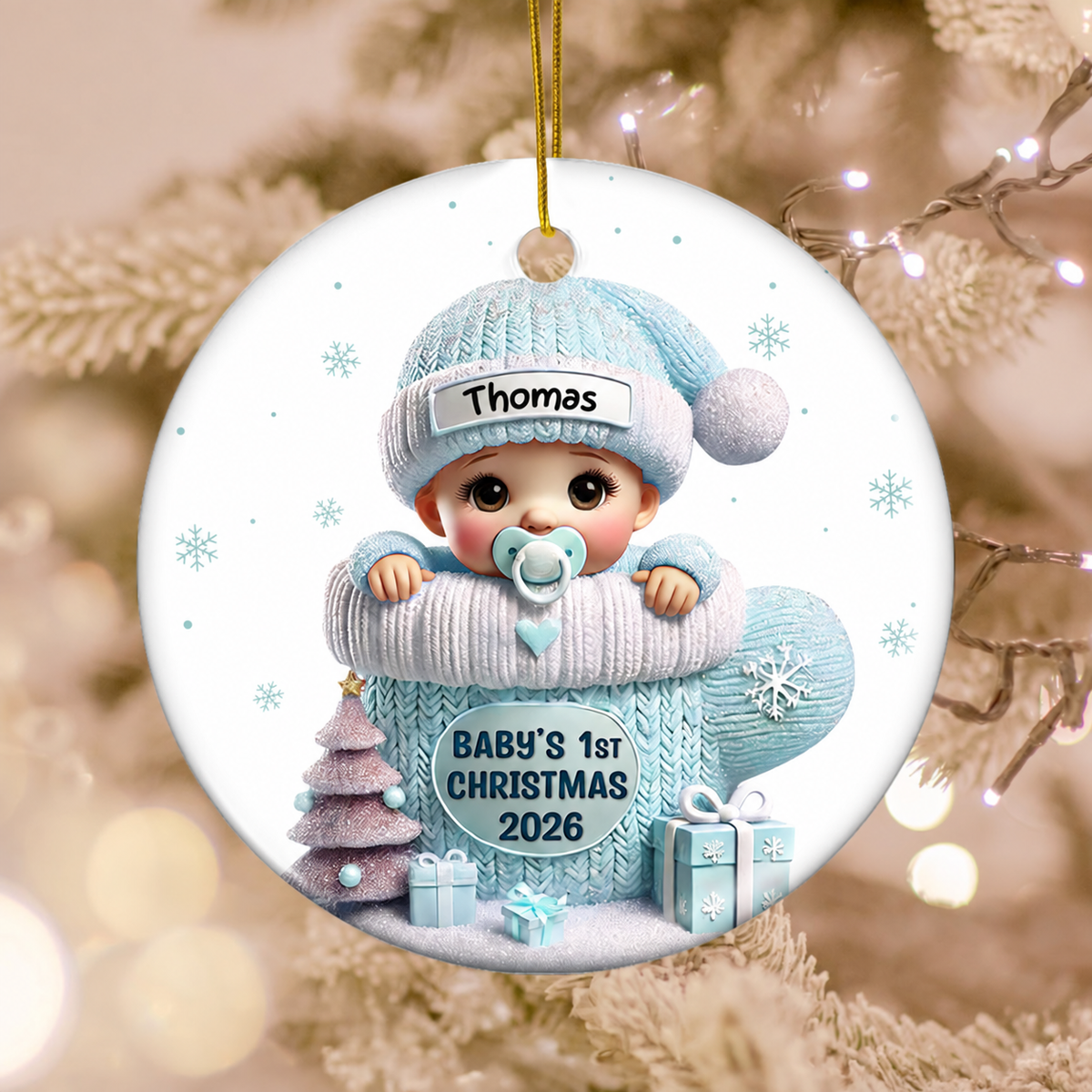 Baby In Mitten 3D Effect Baby's First Christmas Personalized Ceramic Flat Ornament