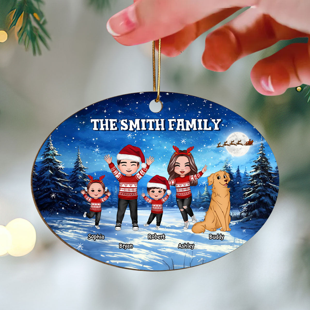 Happy Doll Family Dad Mom Kids Dogs Cats In Christmas Night Personalized Wooden Ornament