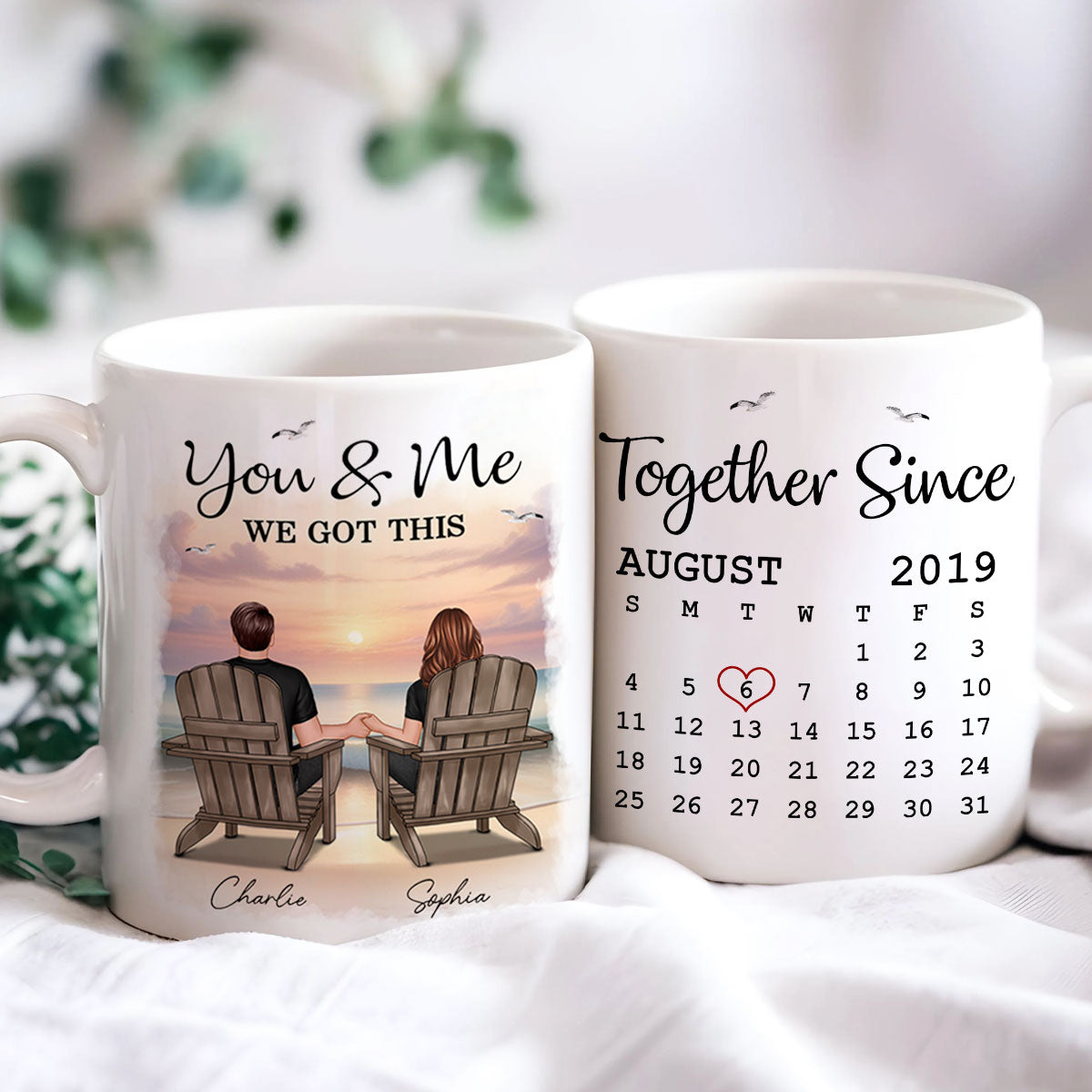 Eternal Sunset Beach Couple Back View Anniversary Calendar Personalized Mug,  Gift, Anniversary Gift For Him, For Her