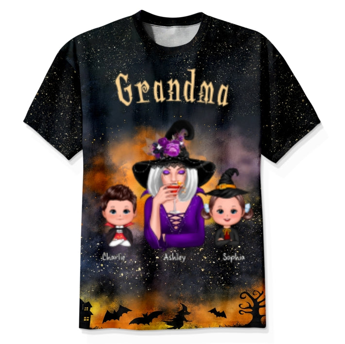 Grandma & Kids Witchy Ombre Tie-Dye Pattern Personalized Shirt Perfect Halloween Costume For Grandma