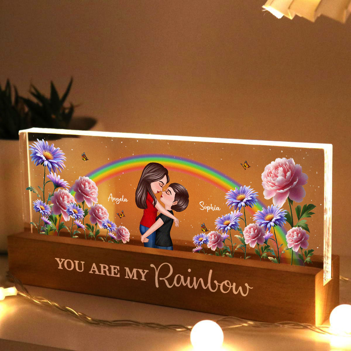LGBTQ Couple Hugging Kising Birth Month Flower Personalized Acrylic Block LED Night Light
