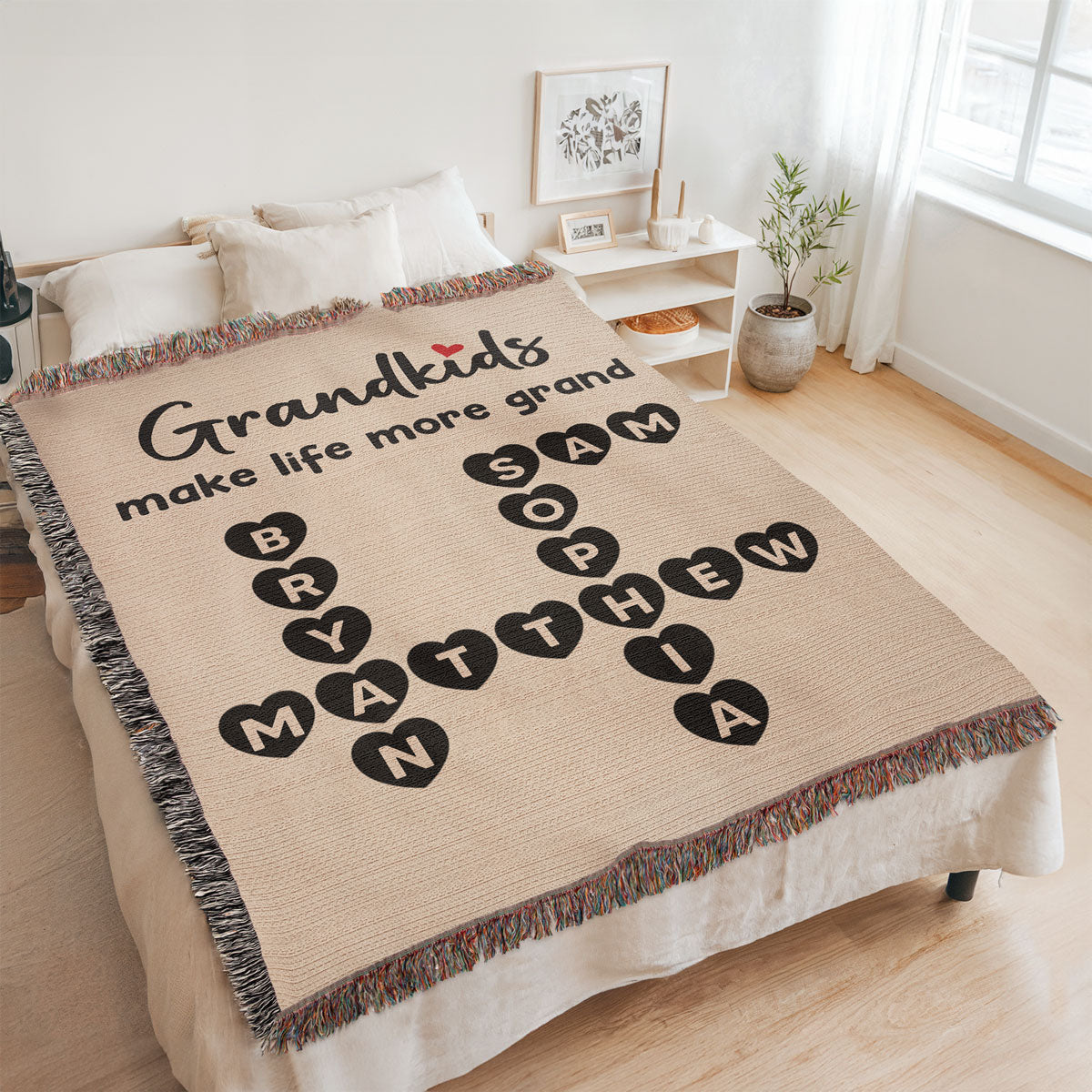 Grandkids Make Life Grand Heartfelt Crossword Puzzle Art Gift For Grandma Personalized Tapestry Woven Blanket