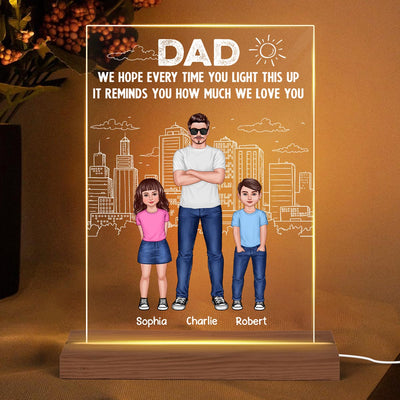 Dad And Kids Standing Front View Outline City Personalized Rectangle Acrylic LED Night Light