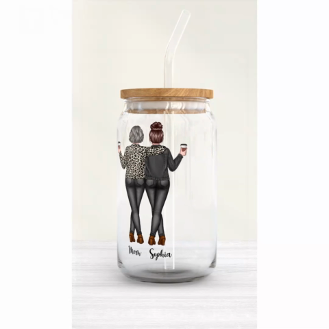 Back View Mom Daughter Like Mother Like Daughter Mother‘s Day Gift Personalized Clear Glass Can