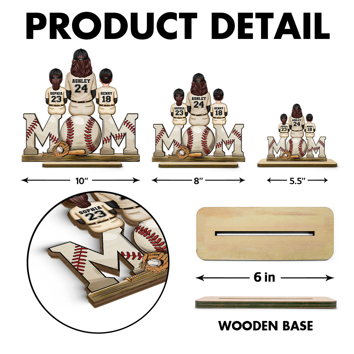 Baseball Mom Family Sitting Back View Personalized Standing Wooden Plaque, Gift for Wife, Gift for Mom