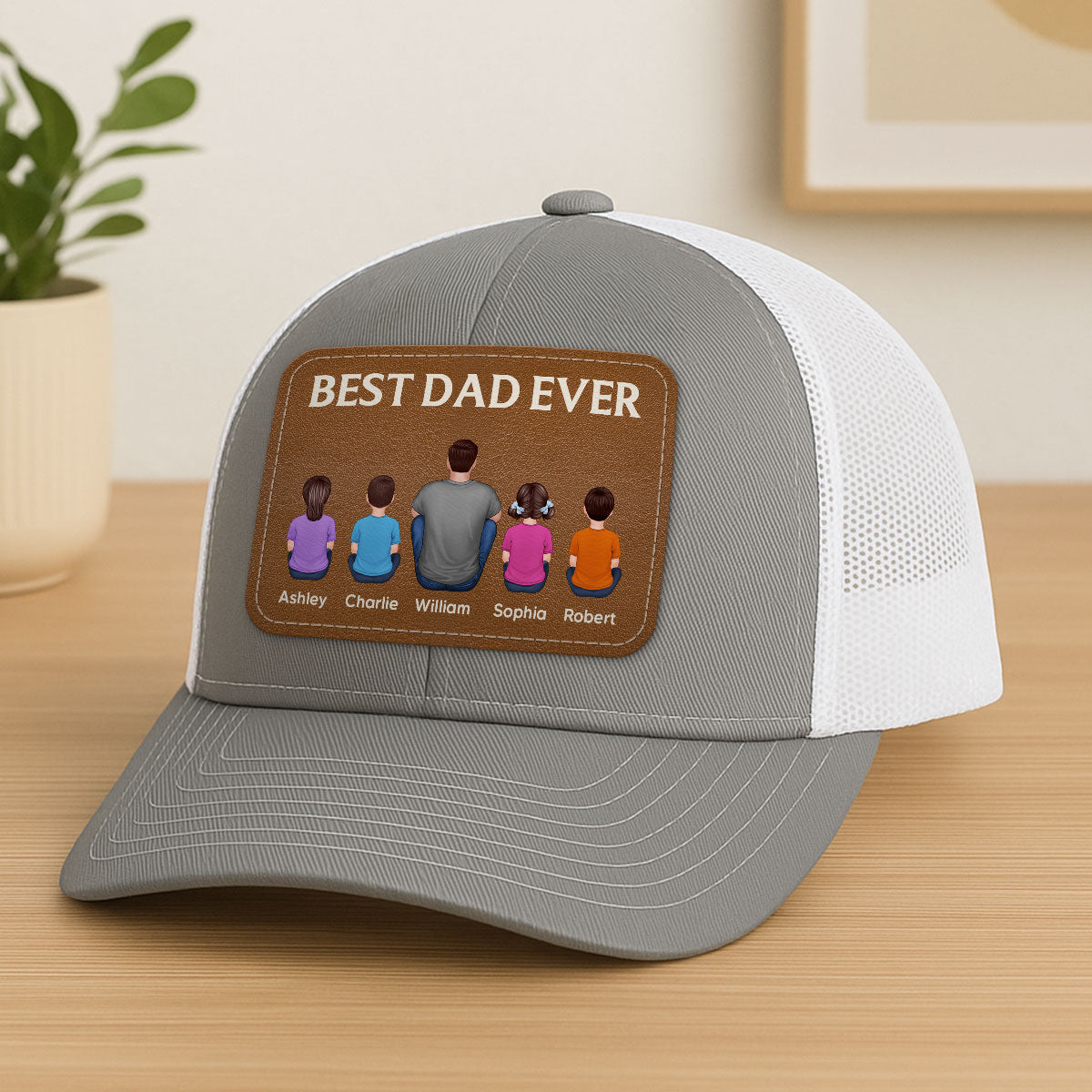 Best Dad Grandpa Ever Back View Sitting With Kids Personalized Leather Patch Hat
