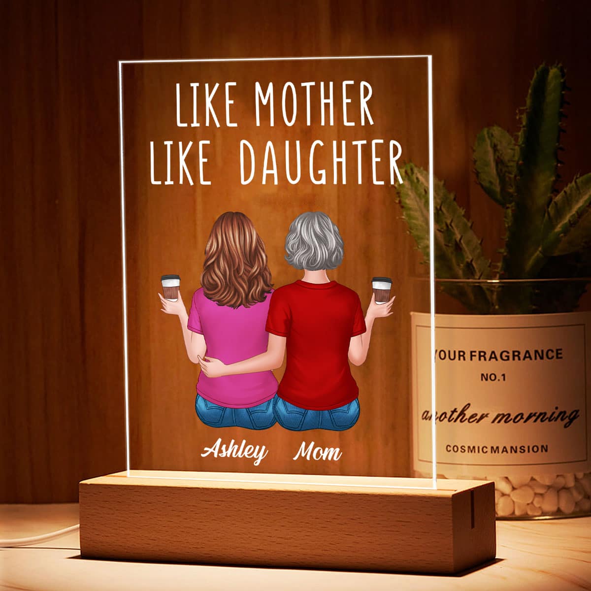 Like Mother Like Daughters Back View Mom And Daughters Sitting Gift For Mom Personalized Rectangle Acrylic Plaque LED Night Light