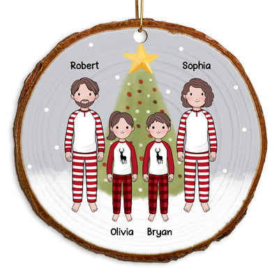 Simple Cartoon Whole Family By Christmas Tree In Snow Wood Slice Personalized Wooden Ornament