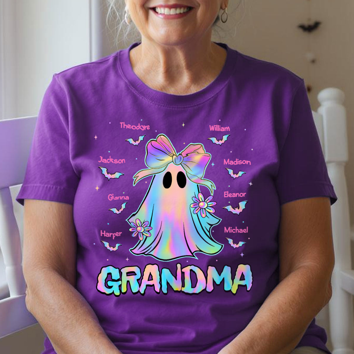 Halloween Preppy Style Iridescent Boo Kids Names Grandma Heart Personalized Shirt
