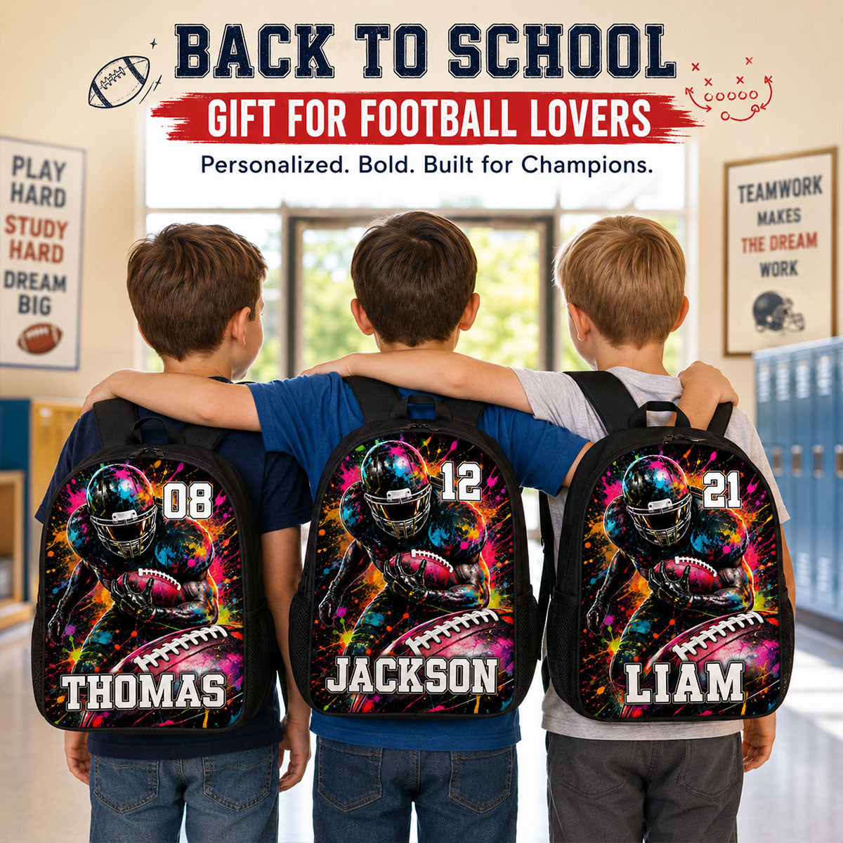 Watercolor Splash American Football Custom Name & Number - Personalized Backpack - Back To School Gift For Football Lovers, Kid Boy, Son, Grandson