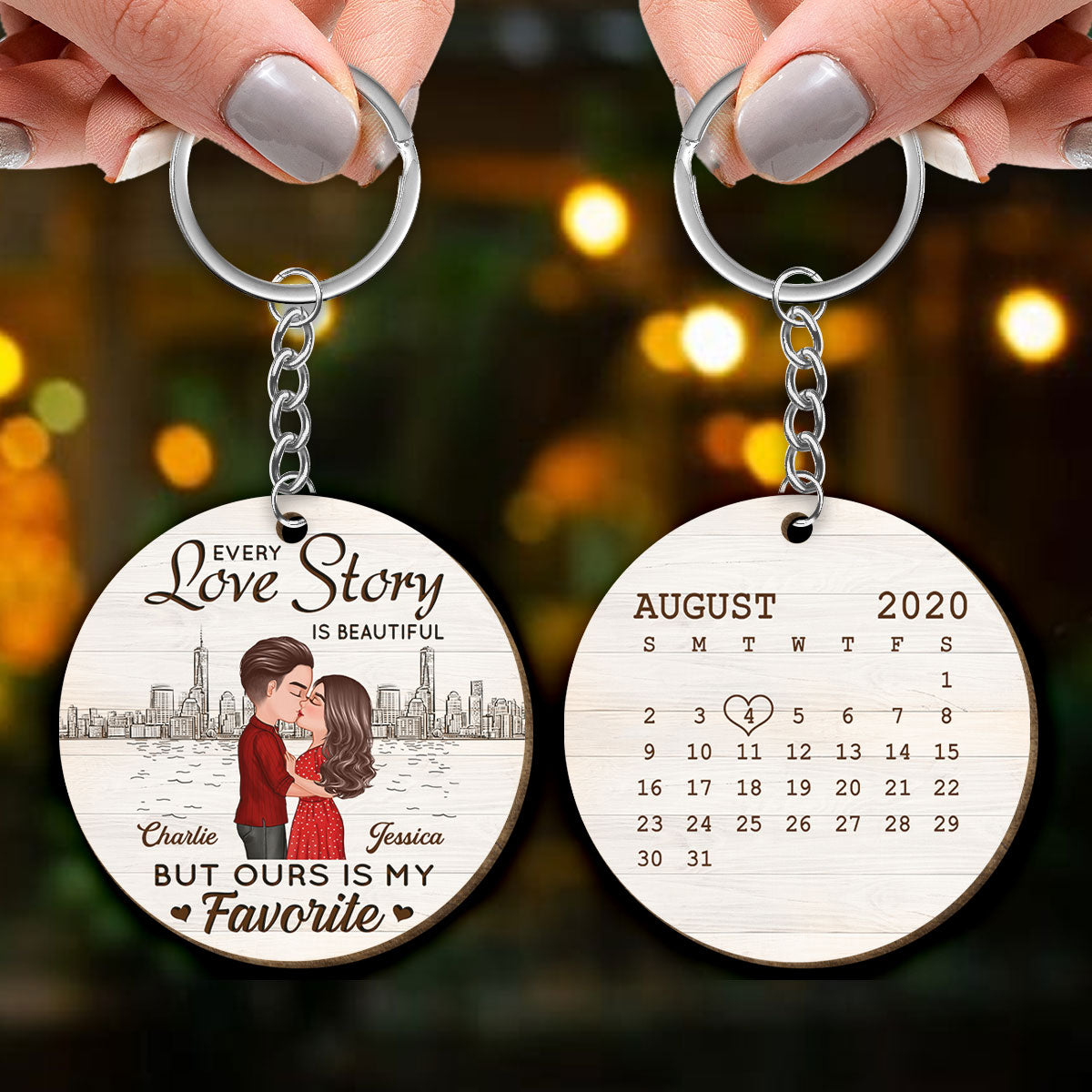 Doll Couple Kissing Skyline Calendar Anniversary Date Personalized Wooden Keychain