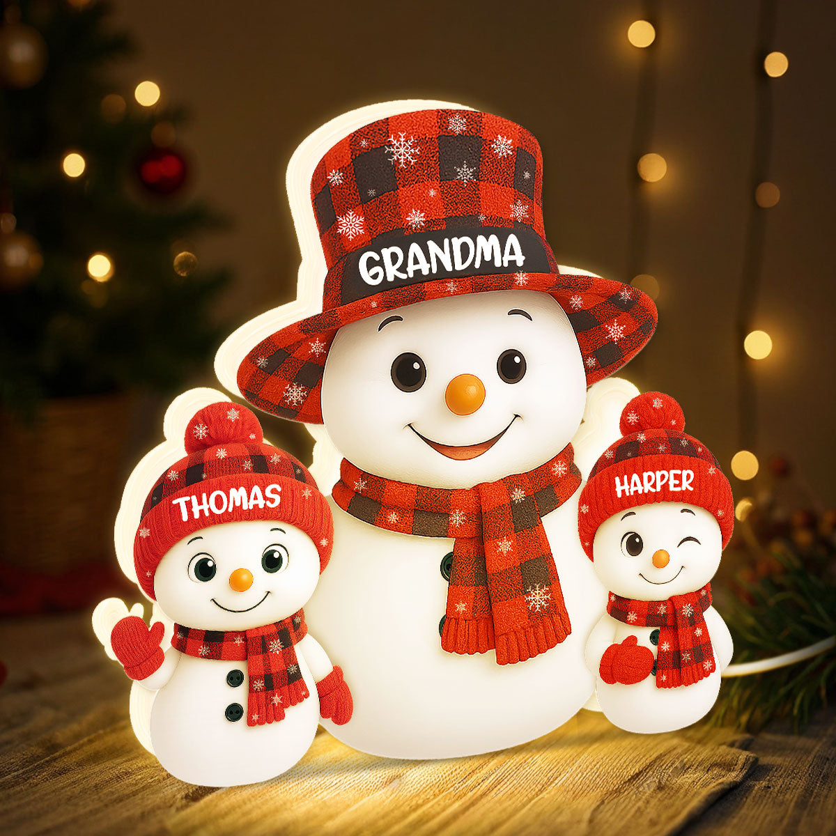 Christmas Checkered Pattern Grandma Grandkids Snowman Together - Personalized Light Box - Gift For Grandmas