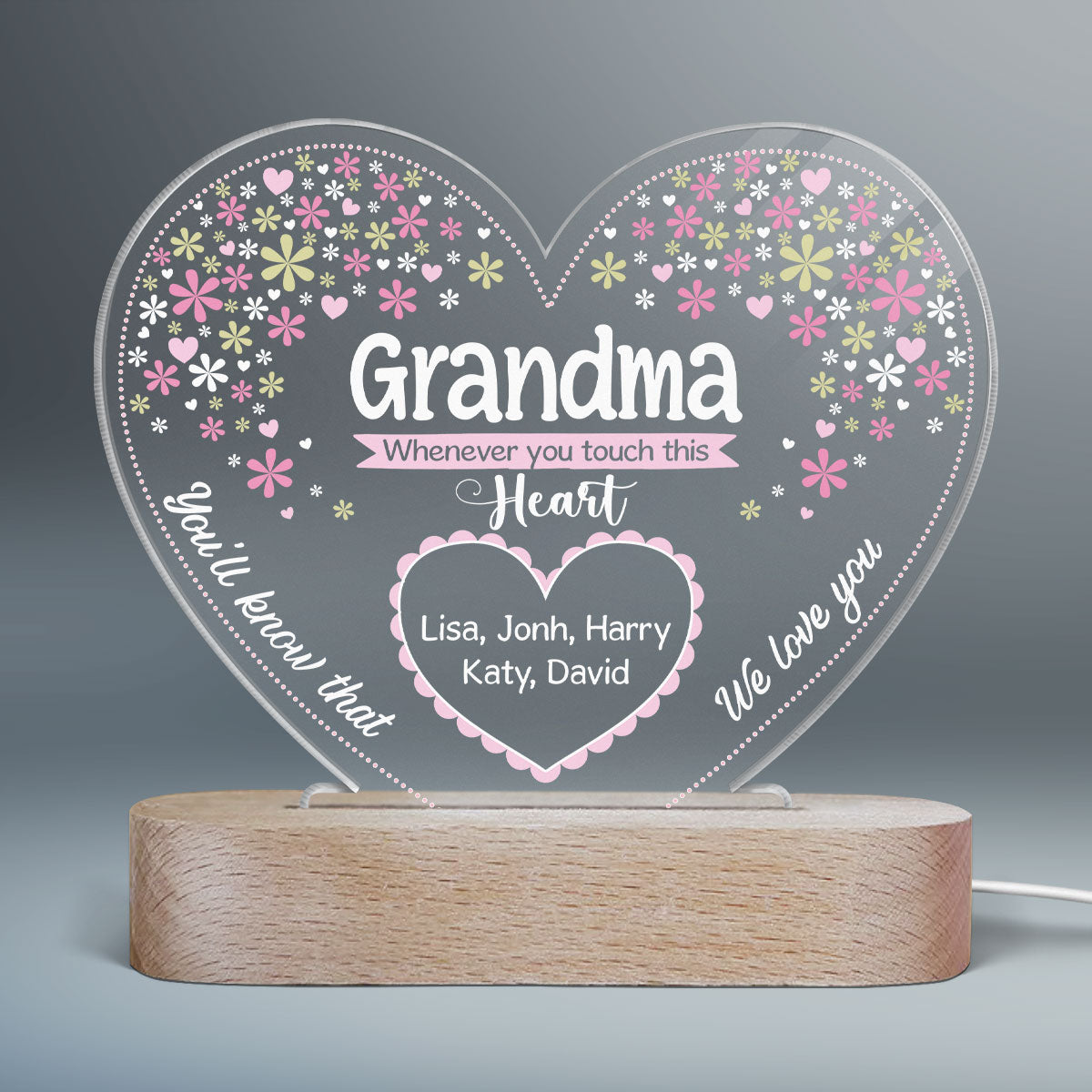 Whenever You Touch This Heart Grandma Personalized Acrylic Heart LED Lamp Night Light