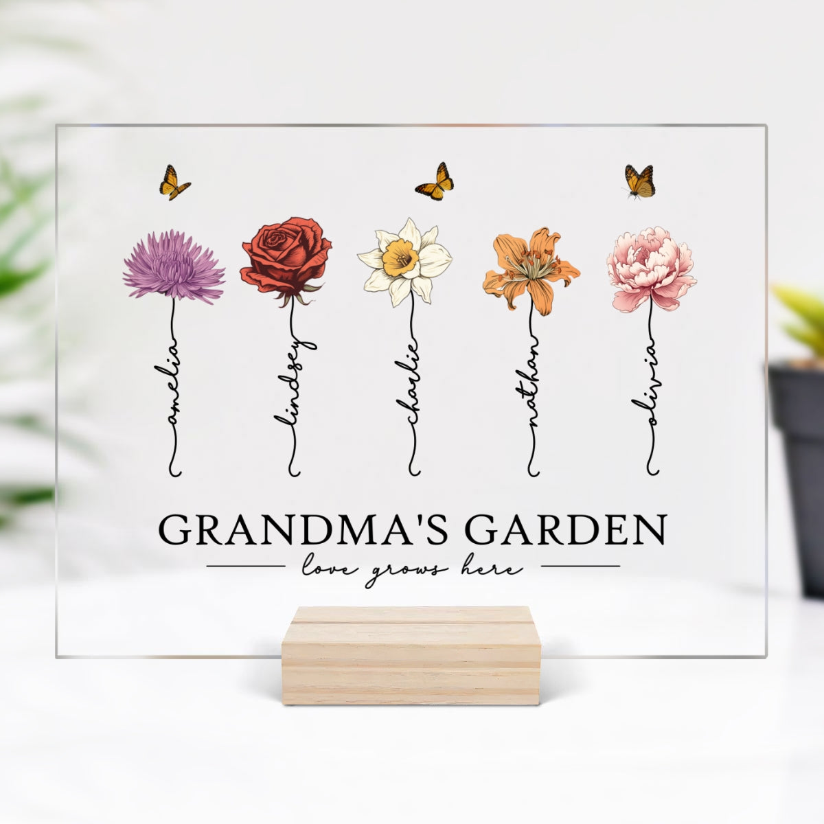 Grandma‘s Garden Love Grows Here Beautiful Birth Month Flower Gift For Grandma Mom Personalized Horizontal Rectangle Acrylic Plaque