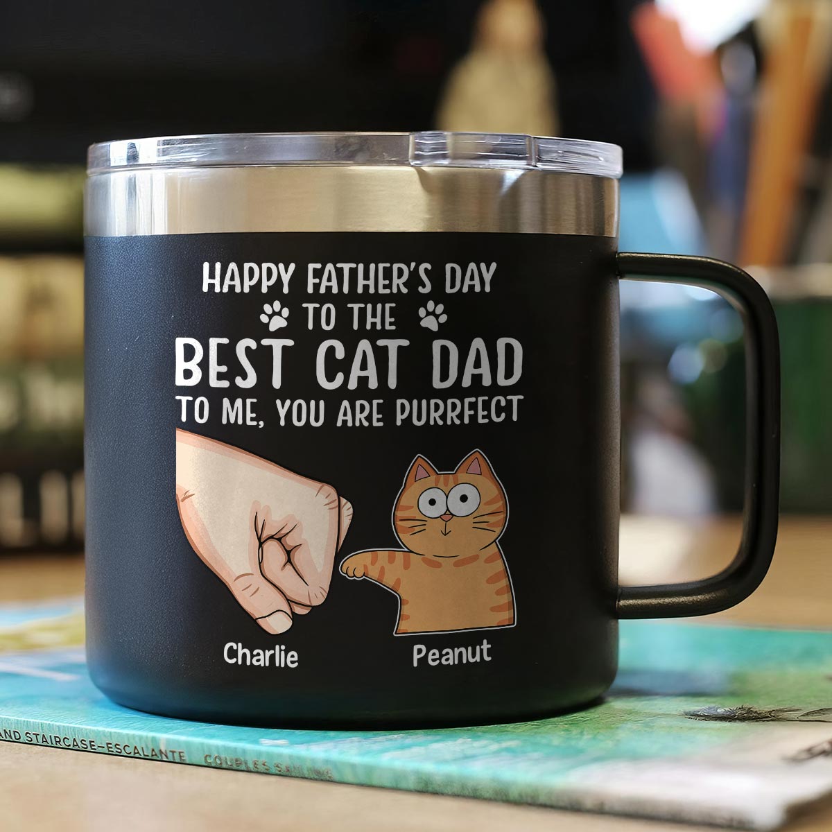 Happy Father‘s Day Fist Bump Funny Cute Cats Personalized Stainless Steel Tumbler With Handle, Gift For Cat Dad