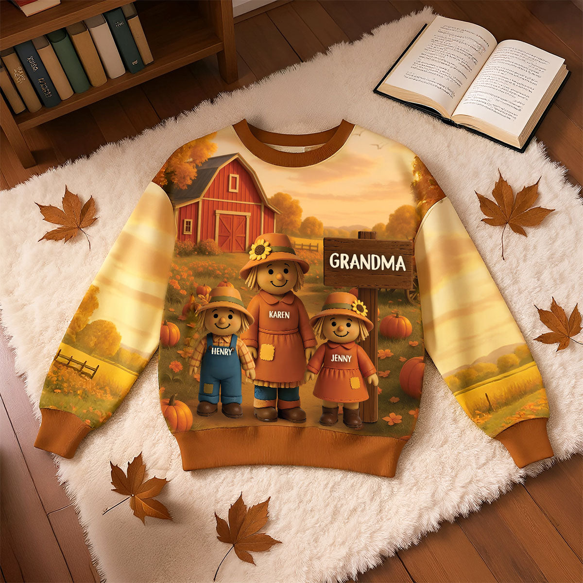 Grandma Grandkids Scarecrow Personalized 3D Effect Sweatshirt, Fall Season Gift for Grandma