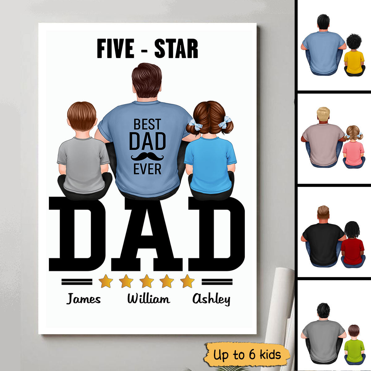 Five - Star Dad Back View Dad And Kids Personalized Vertical Poster