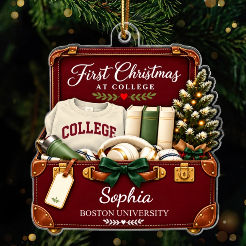First Christmas at College Suitcase 2D Flat - Personalized Acrylic Ornament – Custom Name & School Christmas Gift for College Freshman