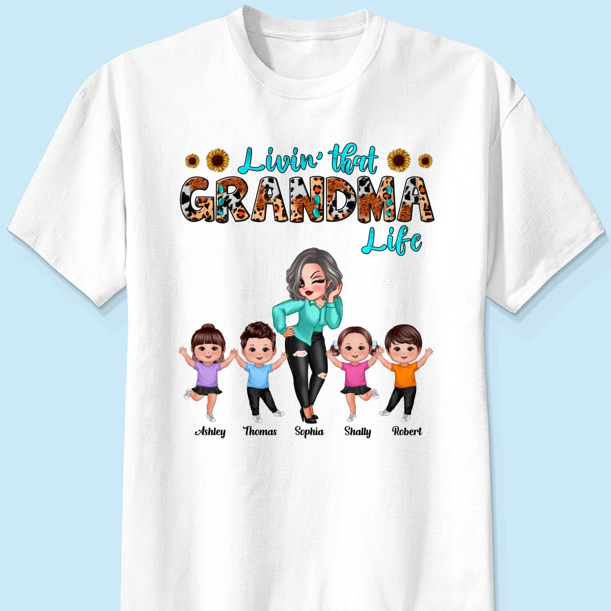 Teal And Leopard Livin‘ That Grandma Mom Life Personalized Shirt