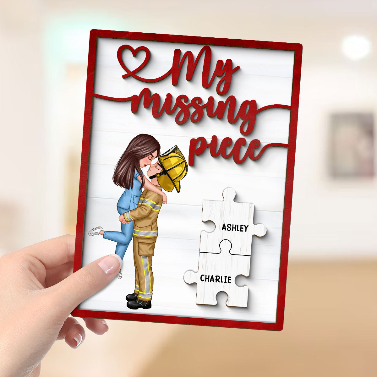 My Missing Piece Couple Hugging Kissing Red Valentine‘s Day Gift by Occupation Gift For Her Gift For Him Personalized 2-Layer Wooden Plaque